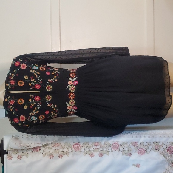 ZARA Floral Embroidered Black Sheer Swiss Dot Long Sleeve Boho Mini Dress S - Picture 5 of 9